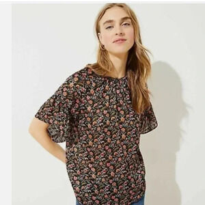 Loft floral tie back keyhole blouse black flutter sleeve top petite Small‎